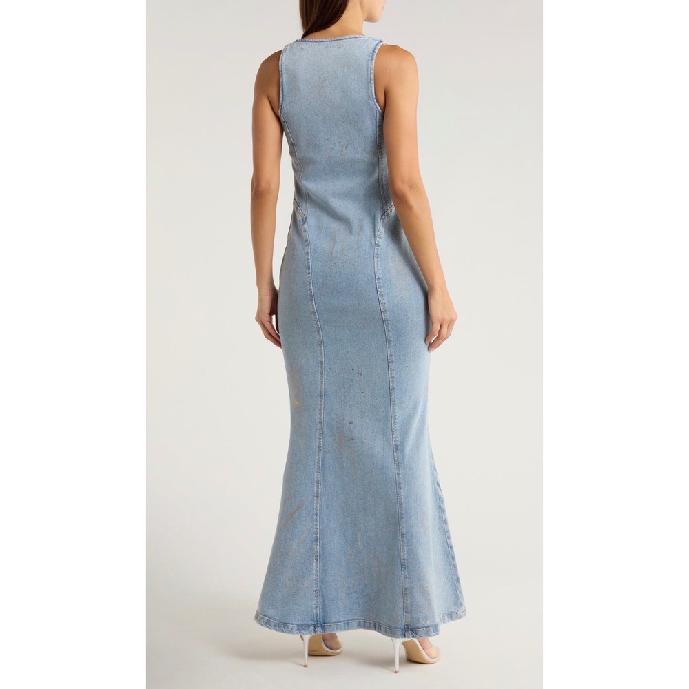 AFRM Kadence Maxi Dress Women XS Light Wash Blue Gold Metallic Finish Mermaid - Picture 3 of 8